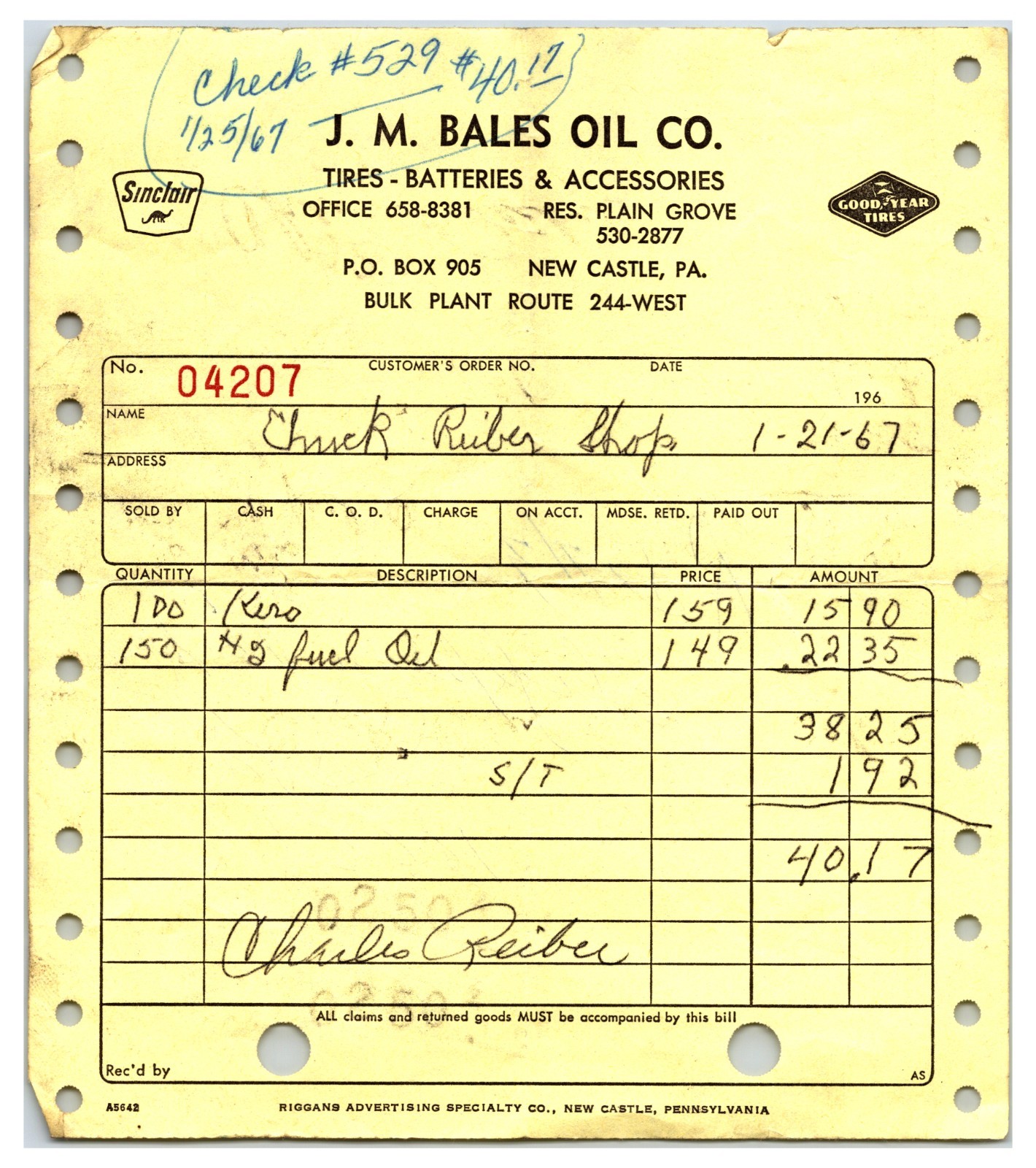 Vintage Original 1967 J.M. Bales Oil Co. Receipt - New Castle, Pennsylvania