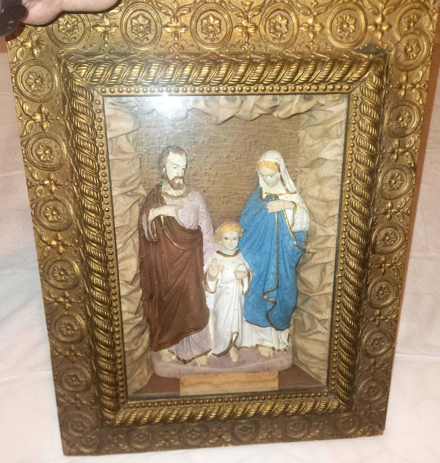 Antique 1892 Religeous Holy Family Shadow Box Statue Ornate Oak Frame