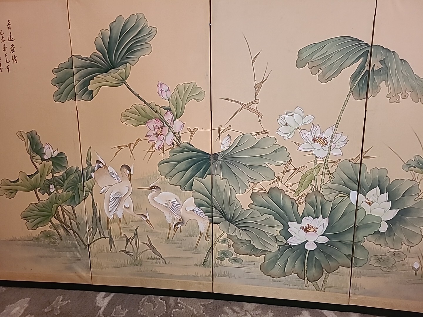 Large Dancing Lotus Birds Japan Byobu Handpainted Silk Panels Painting