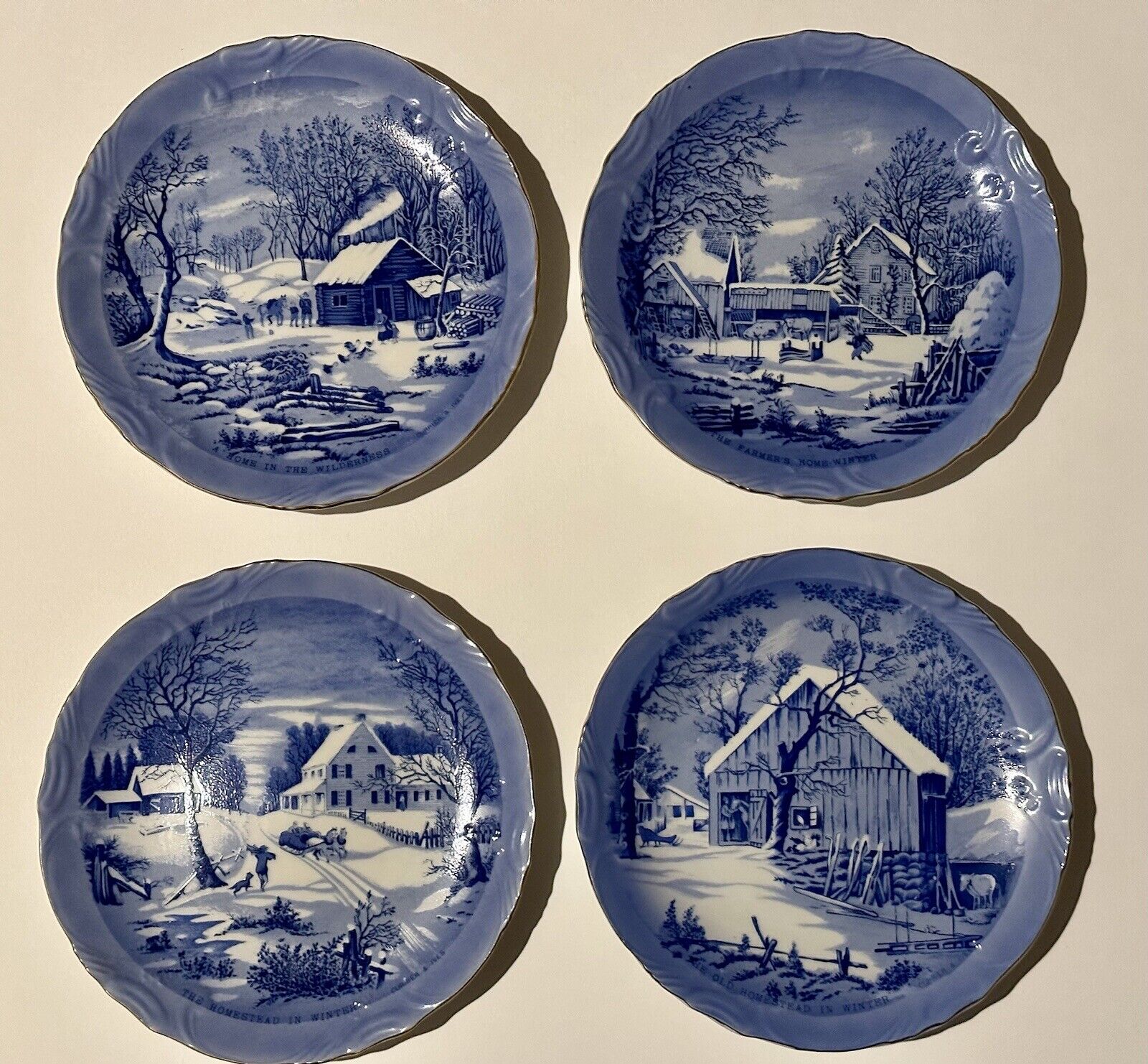 Currier and Ives Decorative Plates Homestead in Winter Series Blue Set of 4 VTG