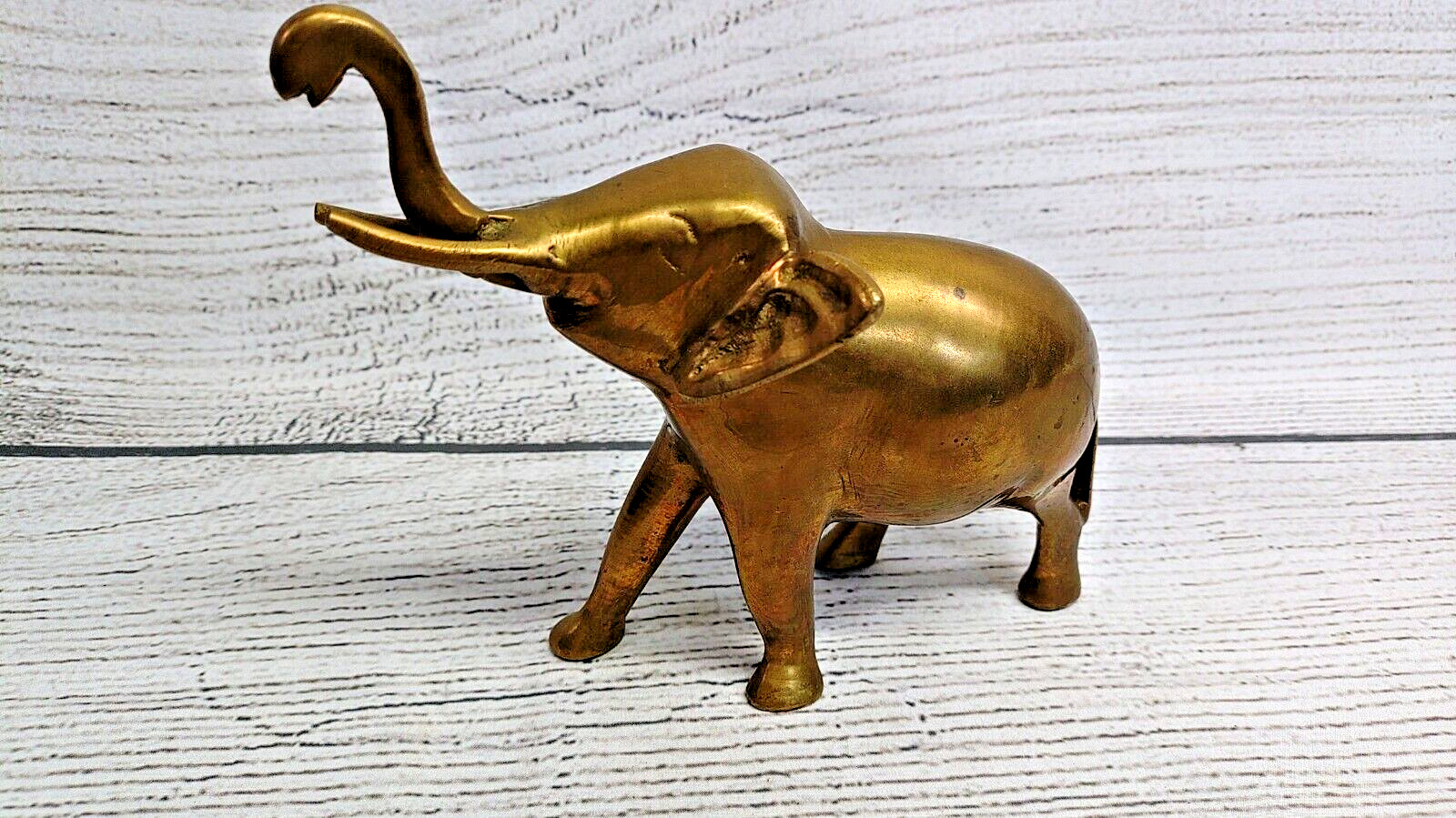 Vintage Solid Brass Trunk Up Elephant Figurine Etched Made in India
