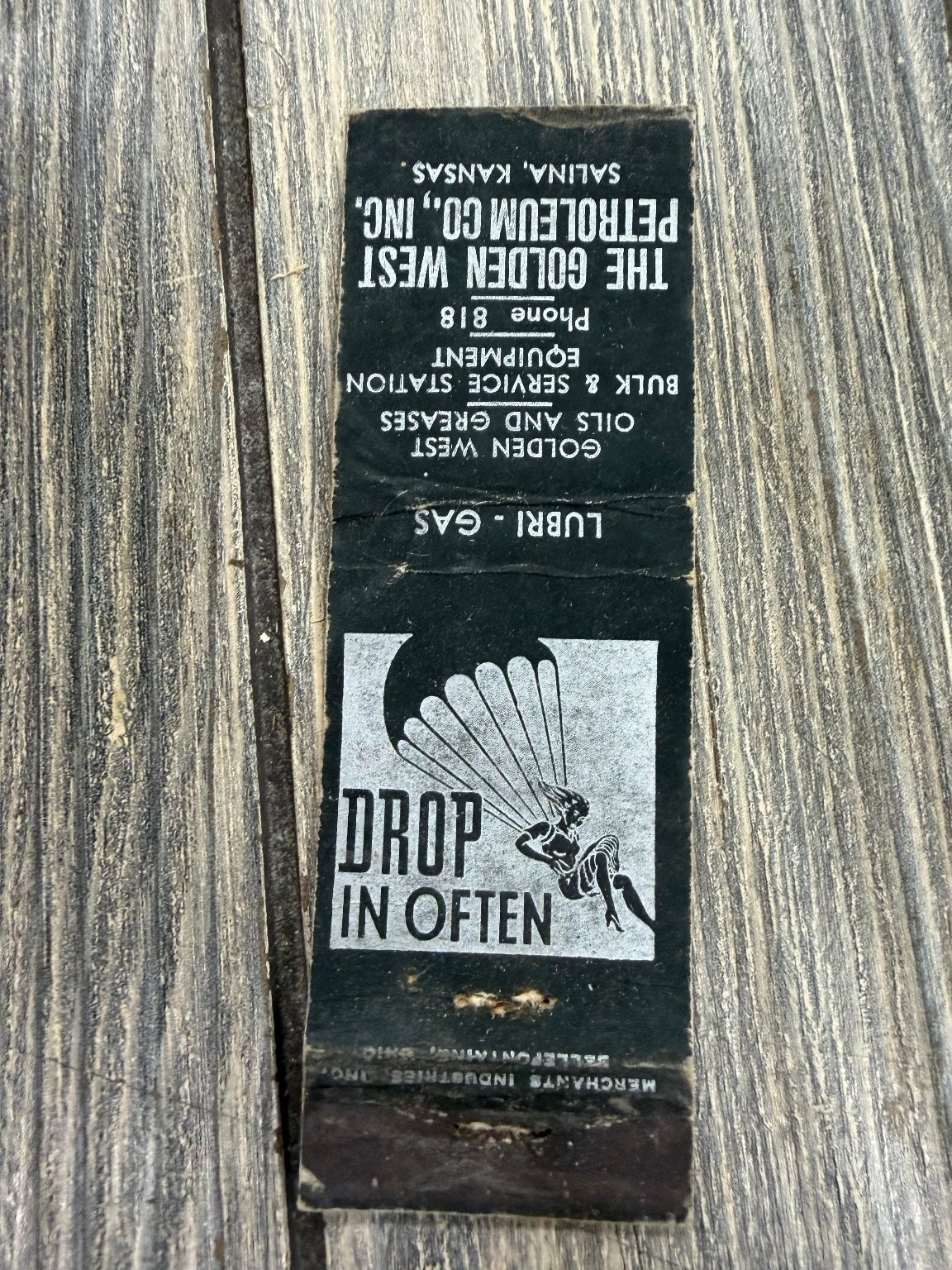 The Golden West Petroleum Co. Inc. Salina Kansas Vintage Parachutist Matchbook