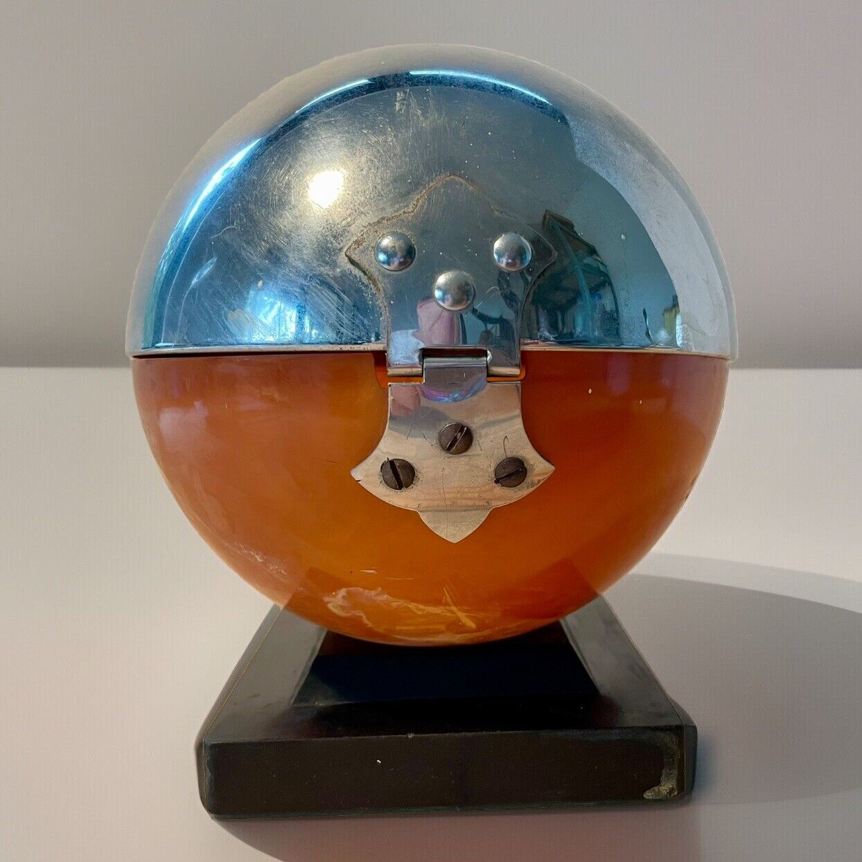 Art Deco Spherical Chrome & Carmel Bakelite Lidded Display Container Rare TATTOO