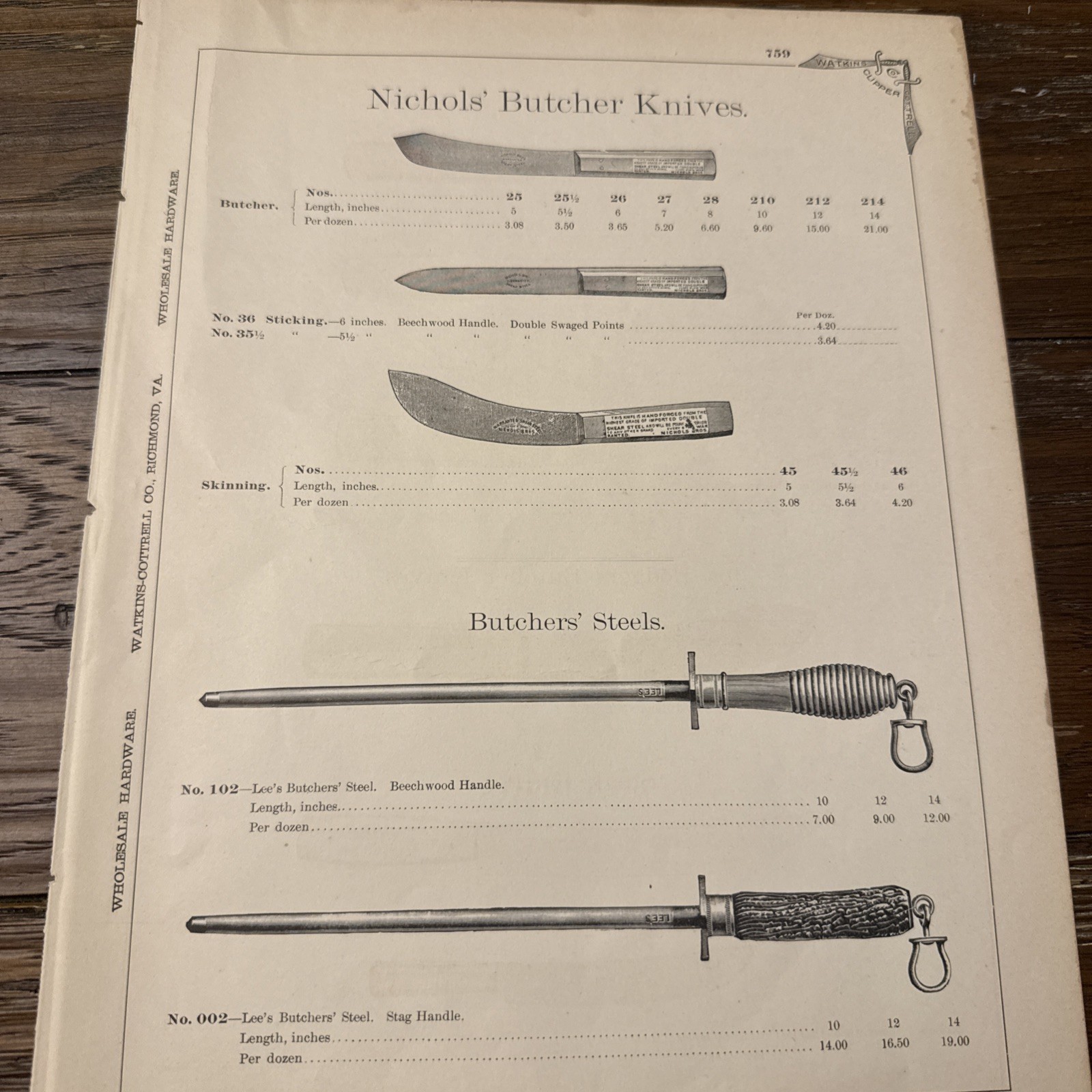 VTG Ad Knife Butcher Nichols Lee Sabatier trumpet J Russells Green River Works