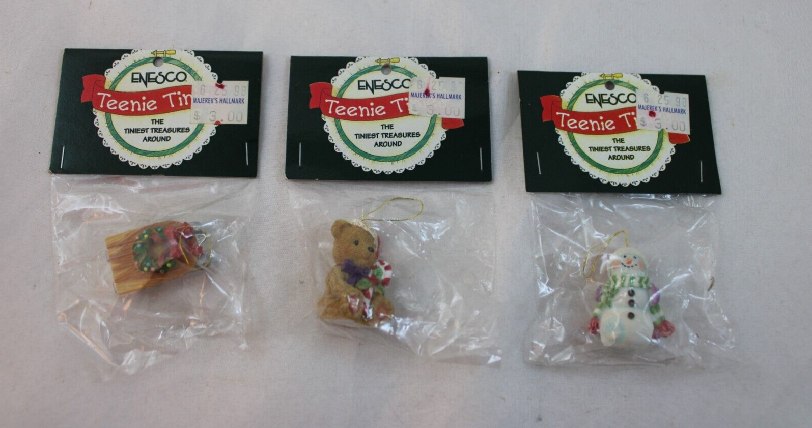 Lot of 3 Enesco Teenie Tinies Christmas Mini Hanging Ornaments 1998 Sled Snowman