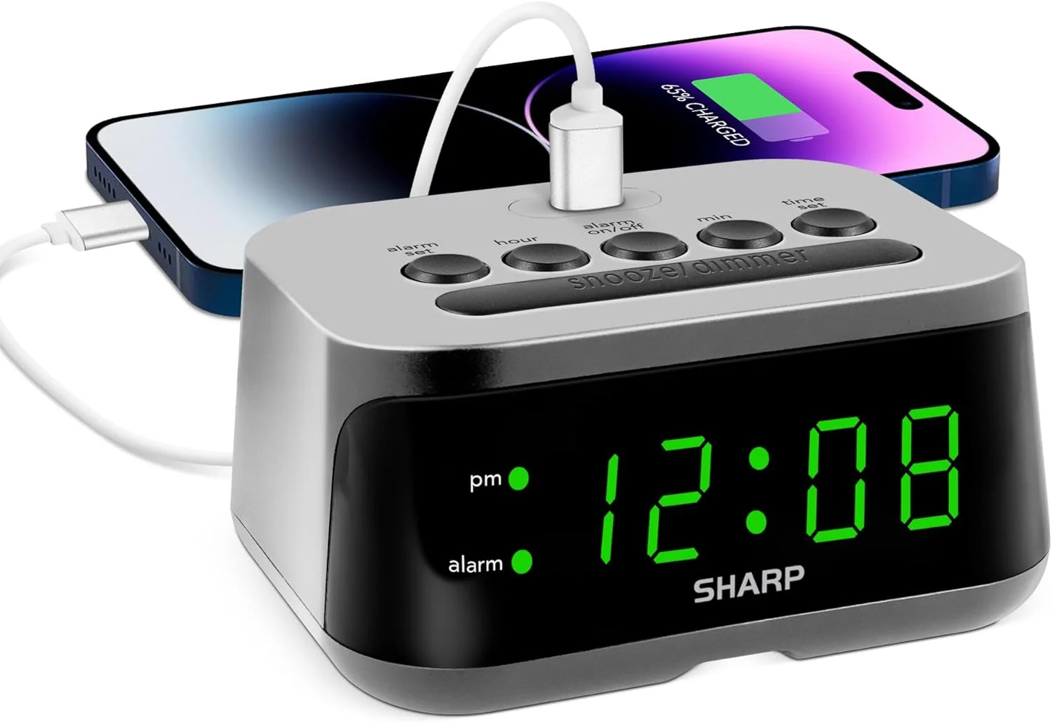 Sharp Digital Alarm Clock with Super Fast USB-C Charge Port & Green LED Display Sharp Digital Alarm Clock with Super Fast USB-C Charge Port & Green LED Display