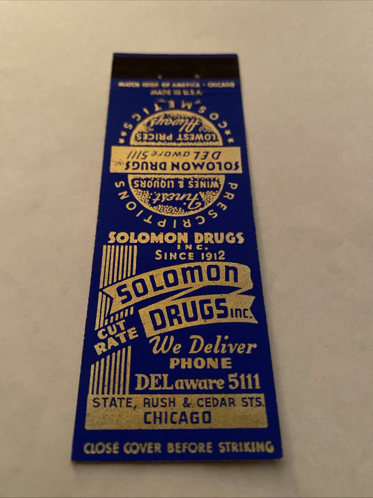Vintage Matchbook Cover Matchcover Solomon Drugs Chicago IL