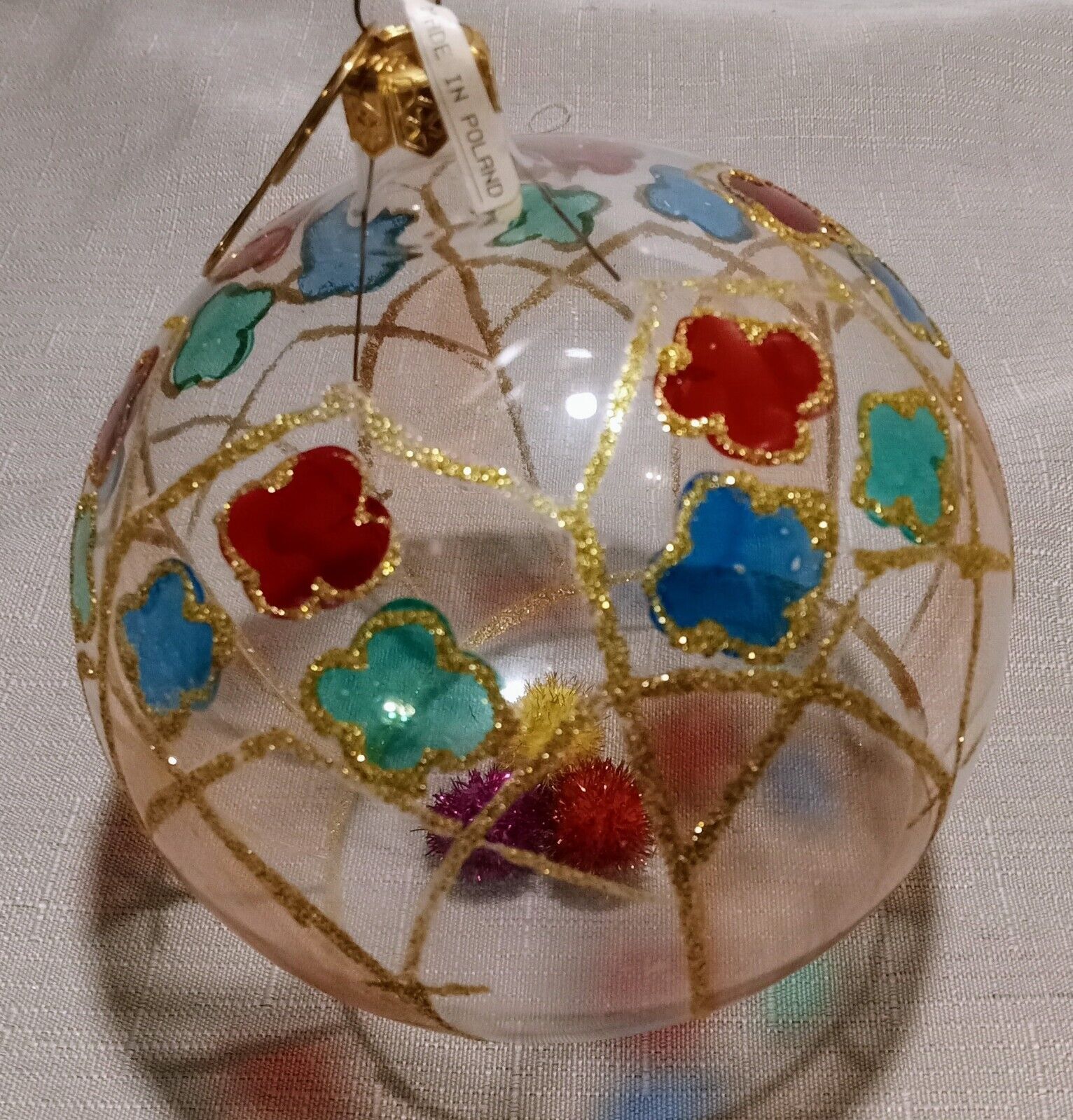 Vintage Big Hand Decorated Stained Glass Christmas Ornament 5