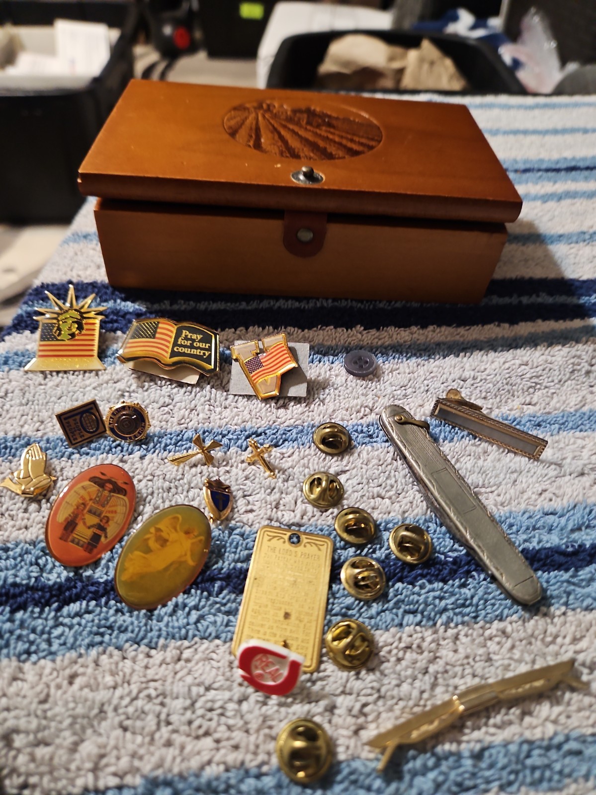 Vintage Estate Lot Dekalb Wooden Watch Box Aid Association Lutherans Pins Knife