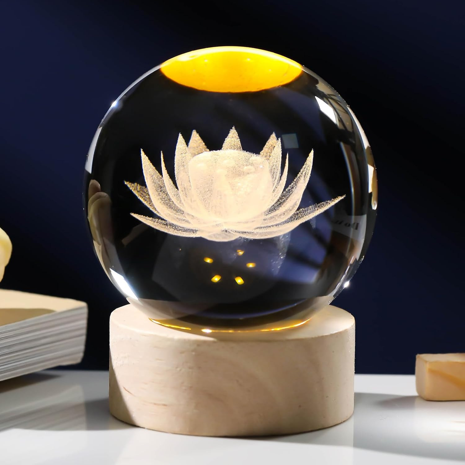 3D Engraving Lotus Flower Figurine Crystal Ball with Wooden Light Base, Glass Lo