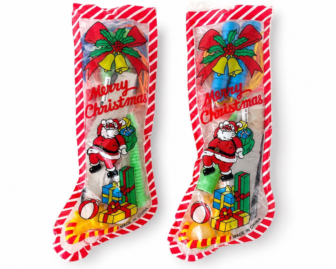 Vintage 70s / 80s Merry Christmas Sealed Plastic Stocking Party Favor Toys