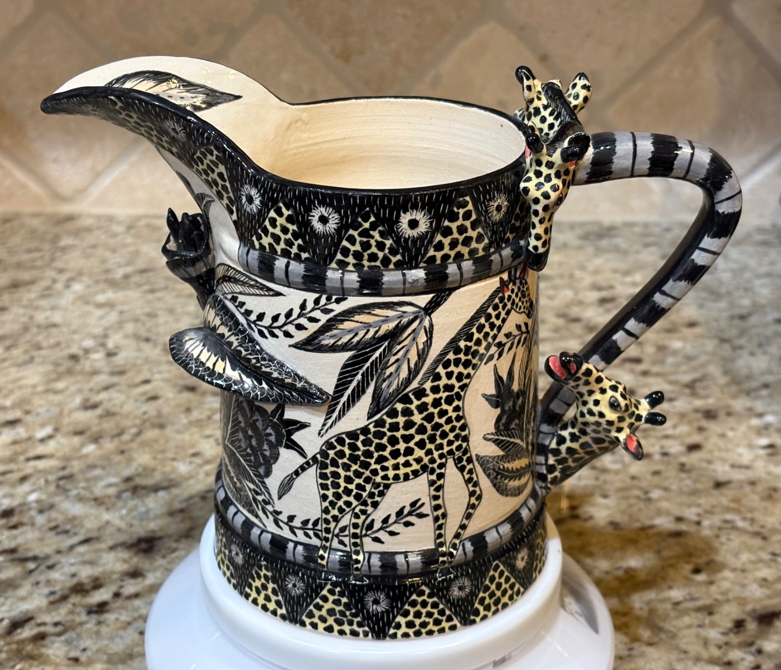Ardmore Studio Black White Zebra & Foliage Motif Handcrafted Ceramic Pitcher
