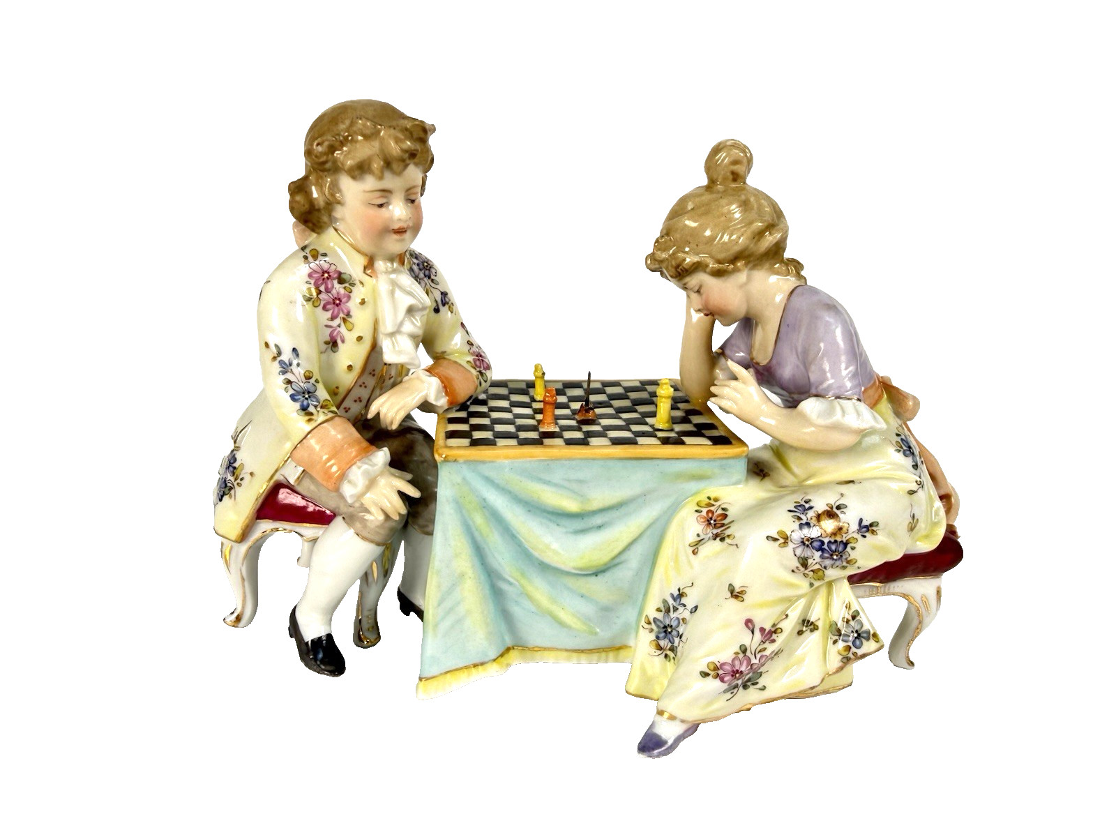 Richard Eckert Volkstedt Dresden Porcelain Figurine Chess Game Group 8366 Antiqu