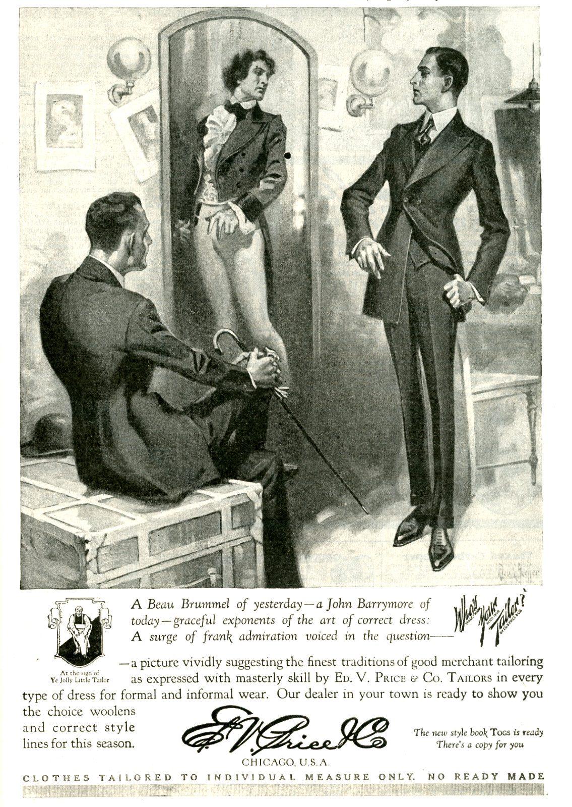 1919 Original E.V. Price Mens Clothing Ad. Beau Brummel In Mirror. Gay Interest