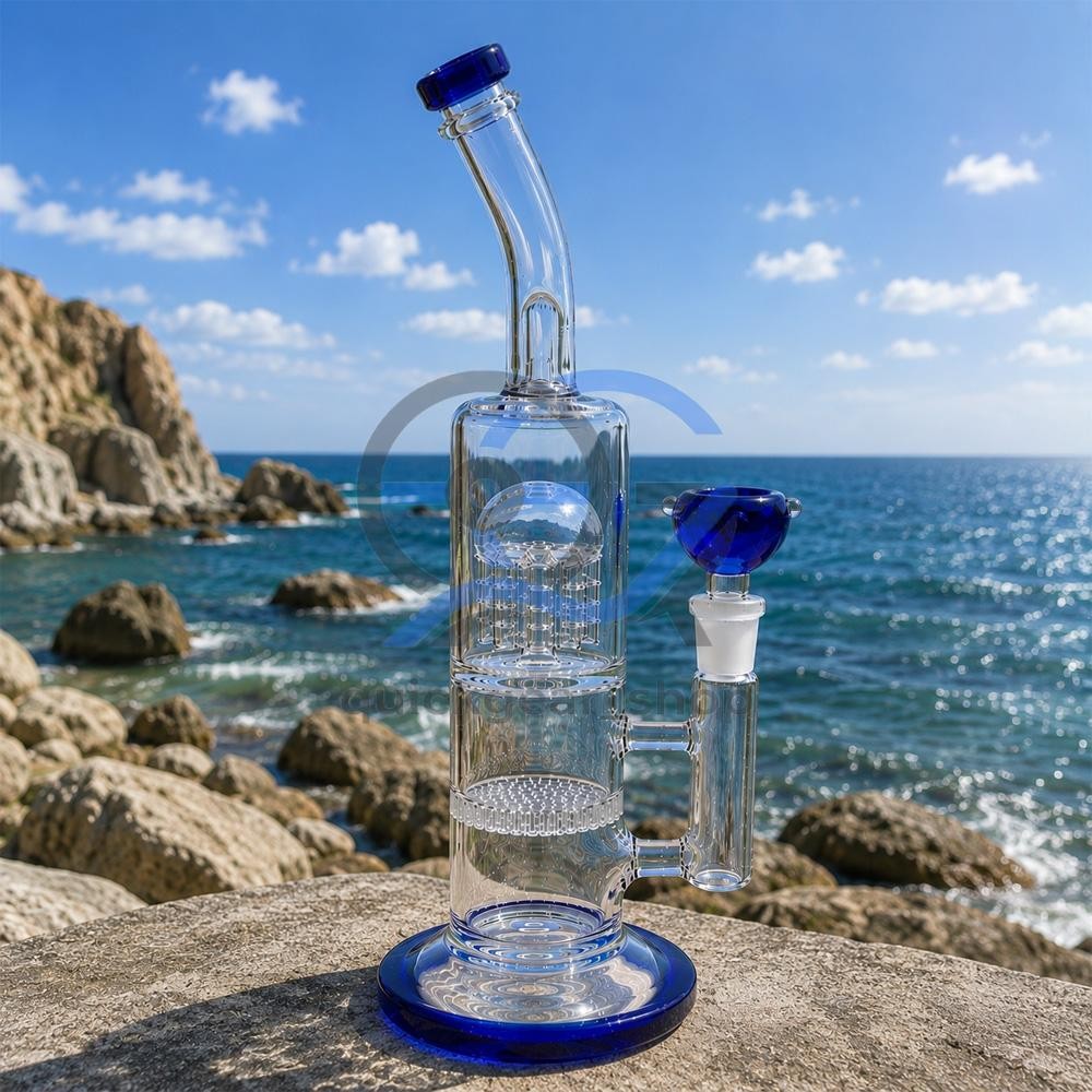 Blue Heavy Glass Bong Shisha Percolate Hookah Water Pipe with 14mm Bowl
