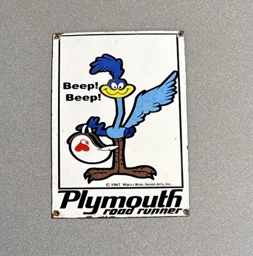 VINTAGE 12” 1967 PLYMOUTH ROADRUNNER PORCELAIN SIGN CAR GAS OIL TRUCK MOTORCYCLE