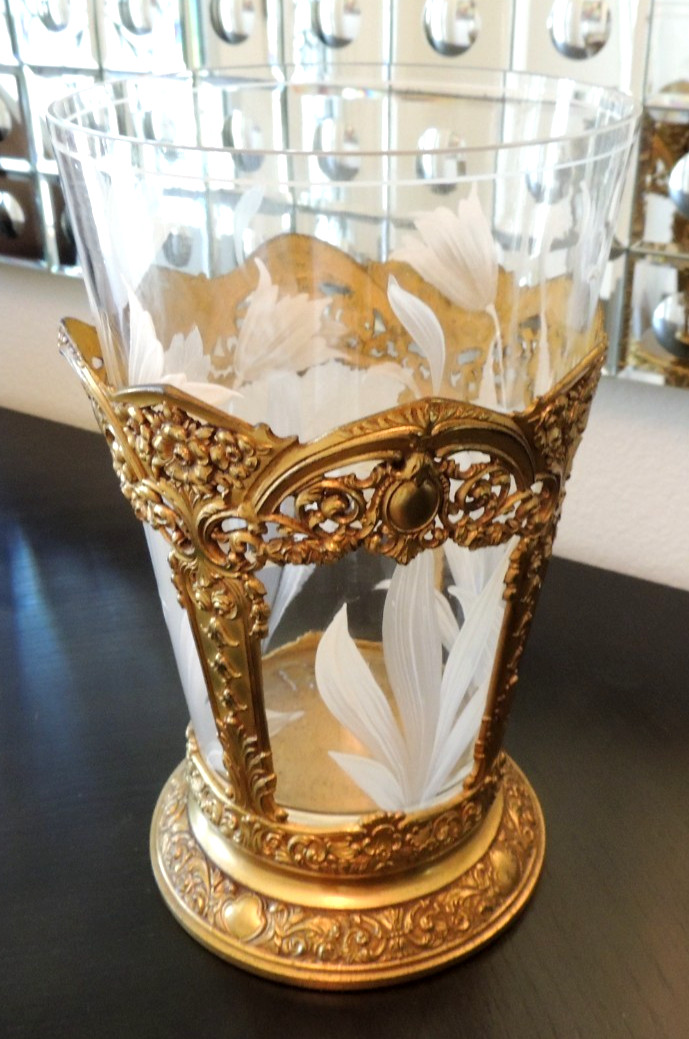 Antique Jennings Brothers JB 2704 Art Nouveau Metal  Holder / Hand Painted Vase