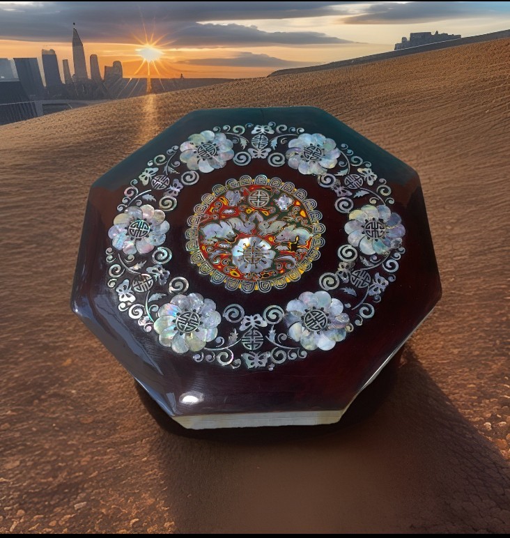 Vintage Lacquered Wooden Box Octagonal Inlaid Mother of Pearl ‘Sweet Meat’ Set