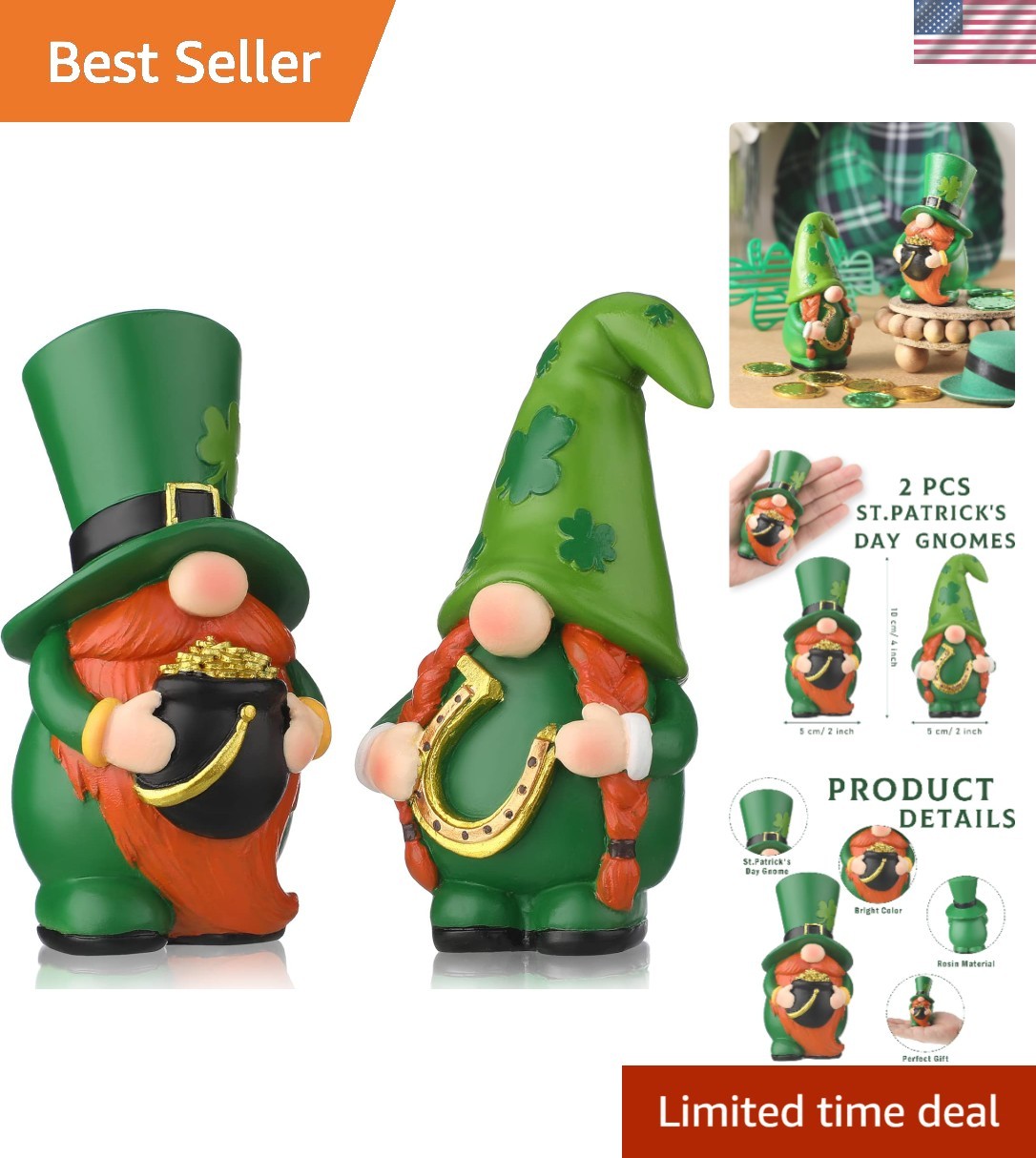 2 Pcs St Patrick's Day Gnomes Irish Kitchen Shamrock Resin Gnome Decor Swedis...