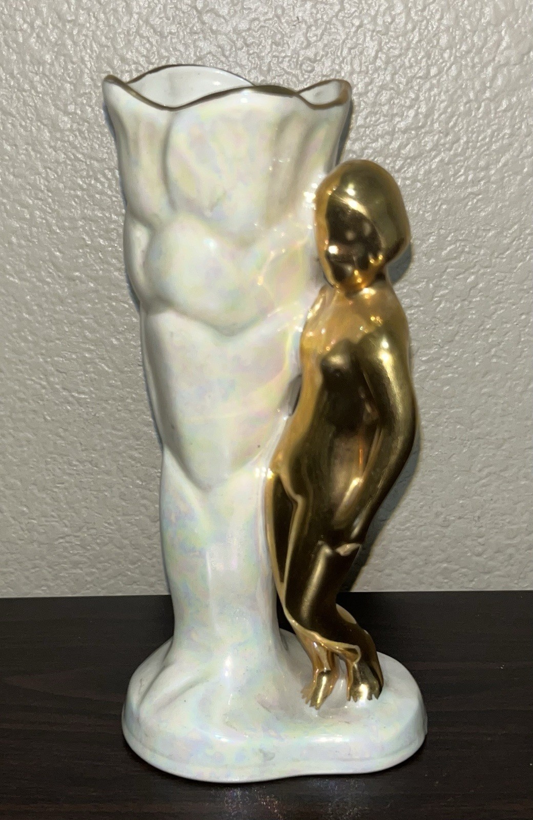 Vintage Art Deco Nude Gold Tone Woman Lusterware Figural Vase 7”