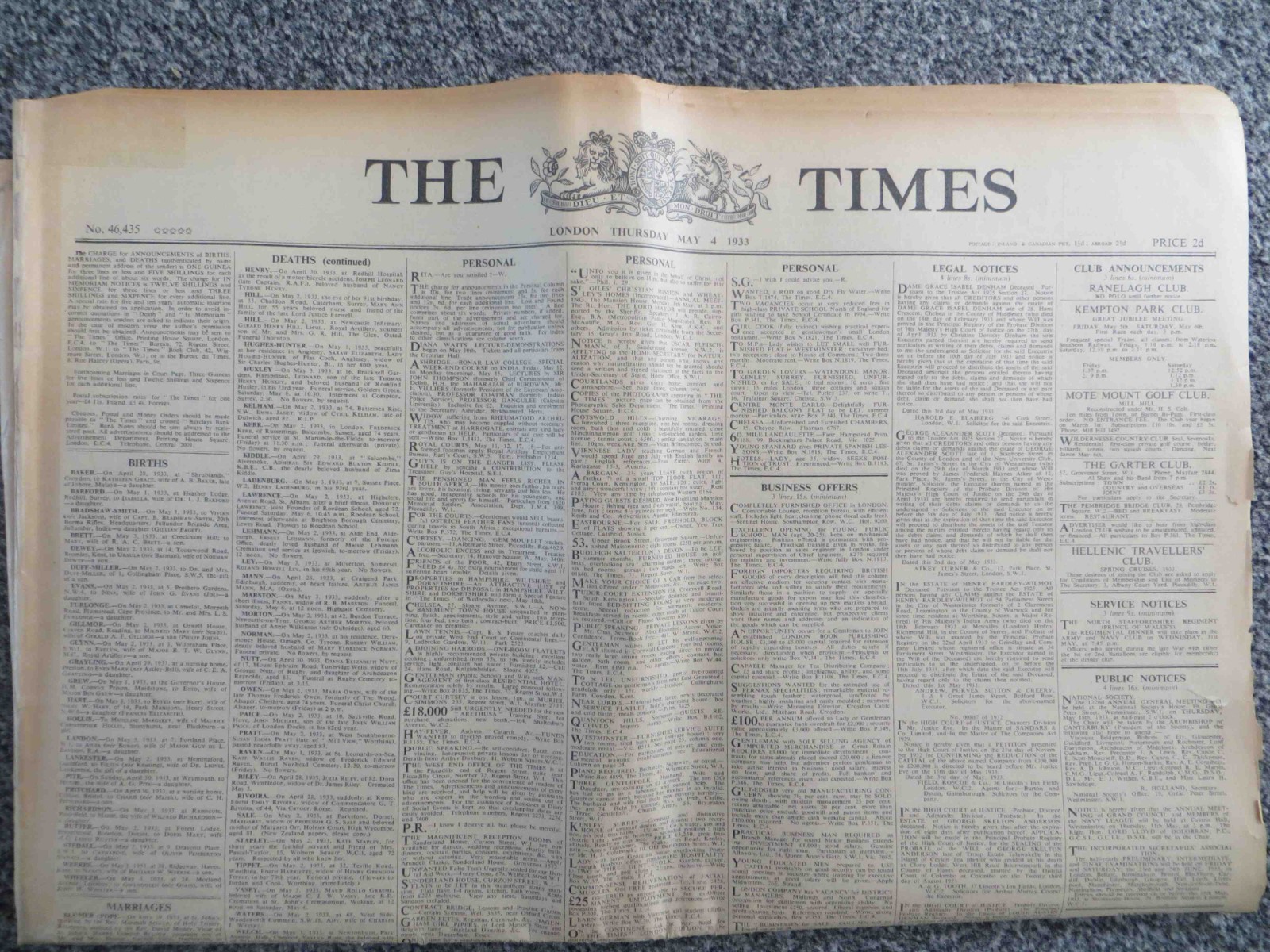 Historic Newspaper - The Times Year / Date of Birth 1933