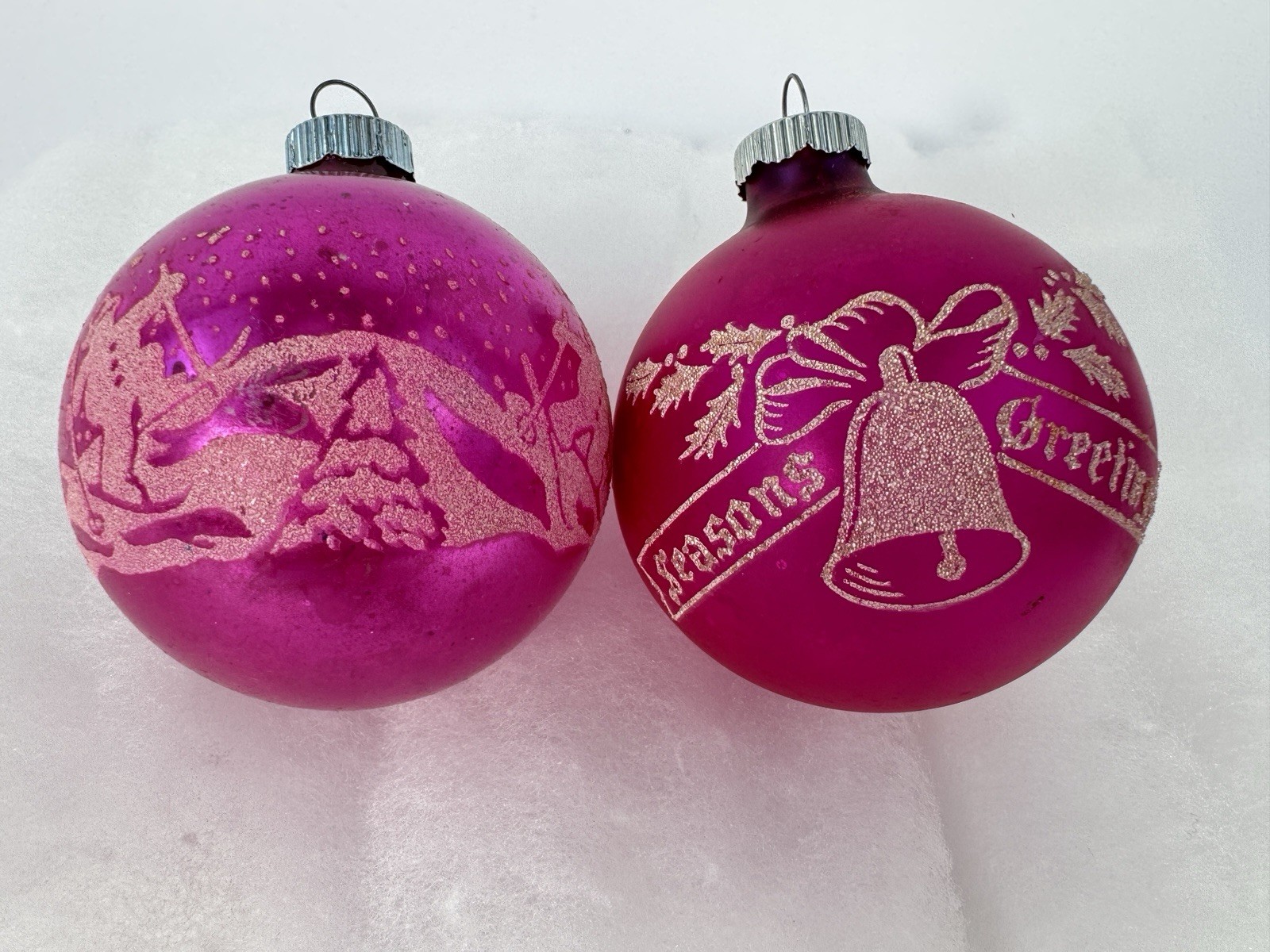 Shiny Brite Pink Snowman Bell Glass Christmas Ornaments 3” Lot 2 Vintage