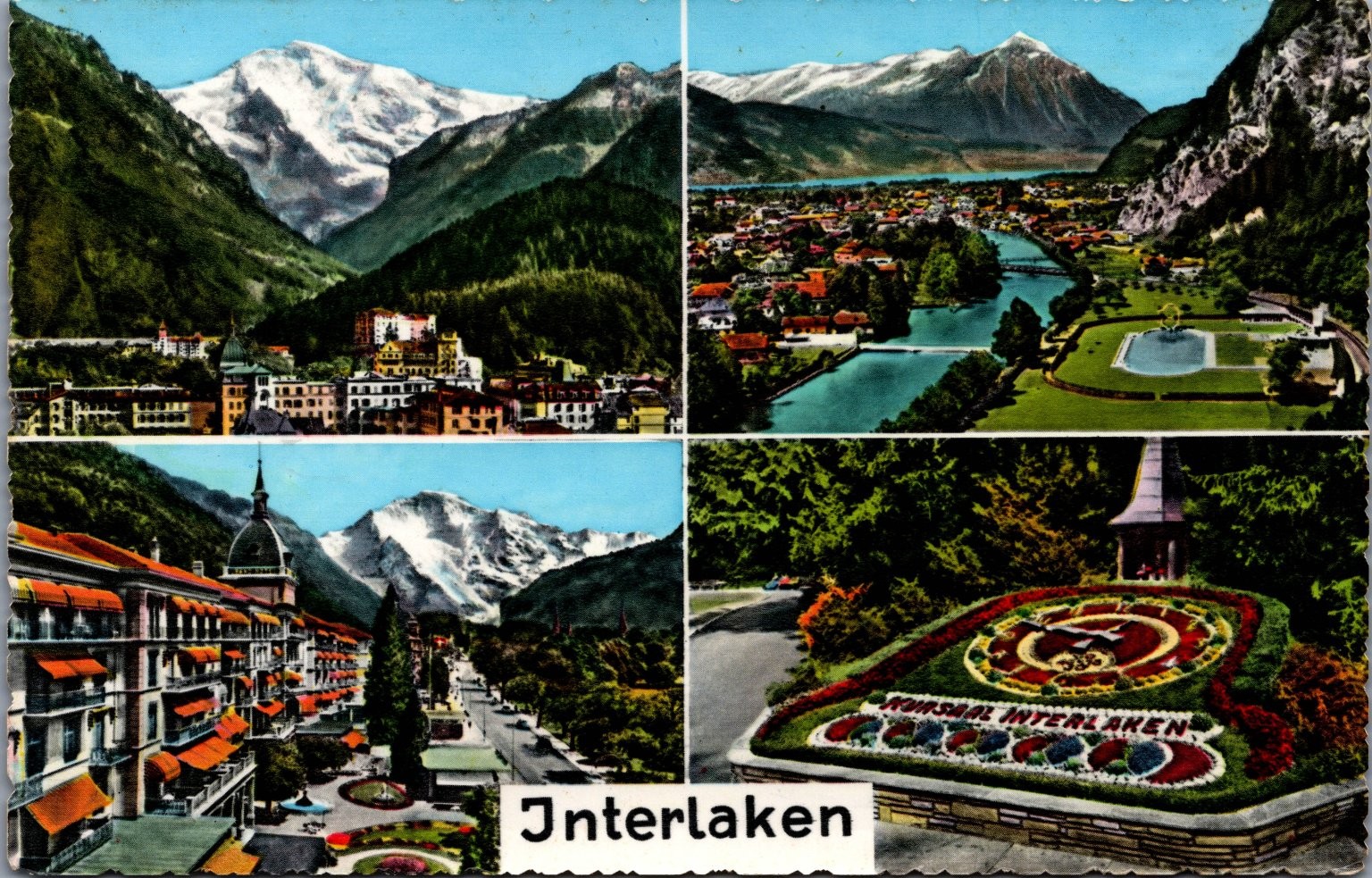 Vintage Interlaken Switzerland Postcard Multi-View Jungfrau Kursaal Floral Clock