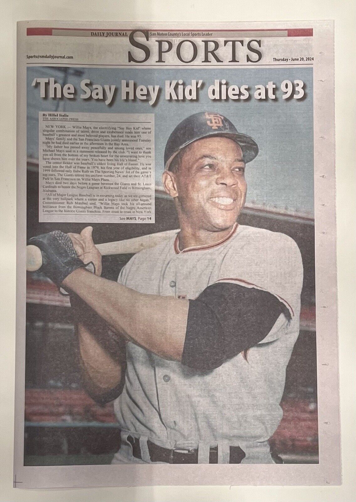 Willie Mays Tribute - The Daily Journal News Paper - 6/20/2024