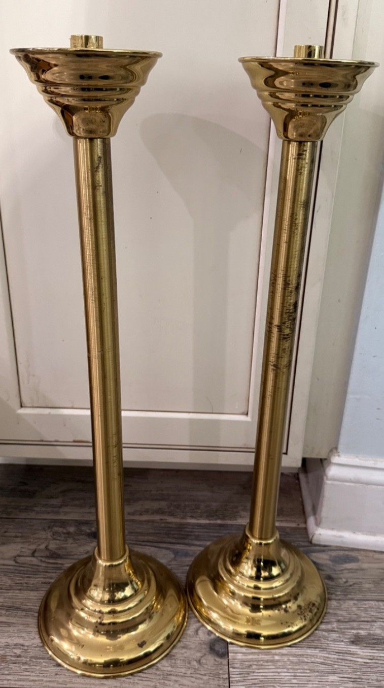 ~PAIR OF VINTAGE BRASS CATHOLIC CHURCH ALTAR CANDLE STICKS 24 1/4\