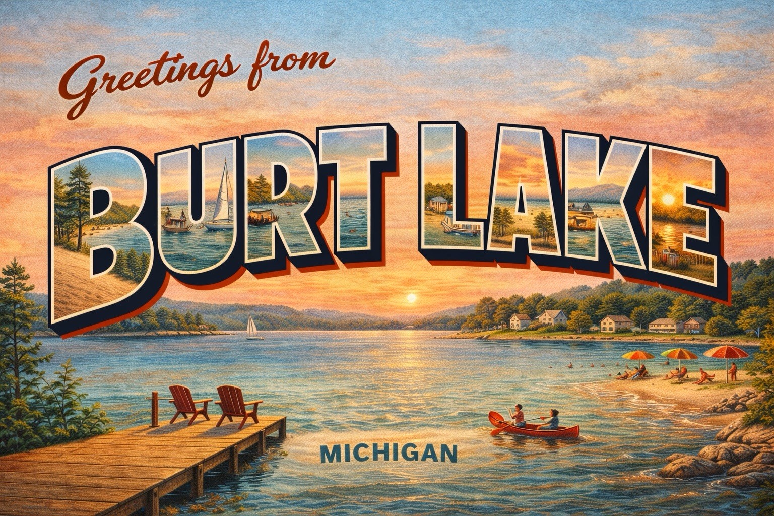 Greetings From Burt Lake, MICHIGAN Modern Postcard A490