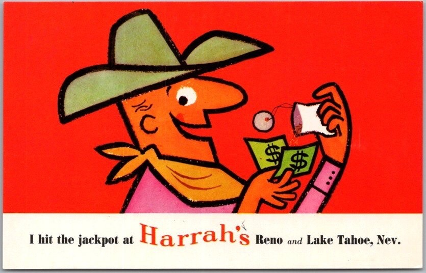 c1960s HARRAH\'S CLUB CASINO Reno & Lake Tahoe Postcard - Cowboy / Cash Cigarette