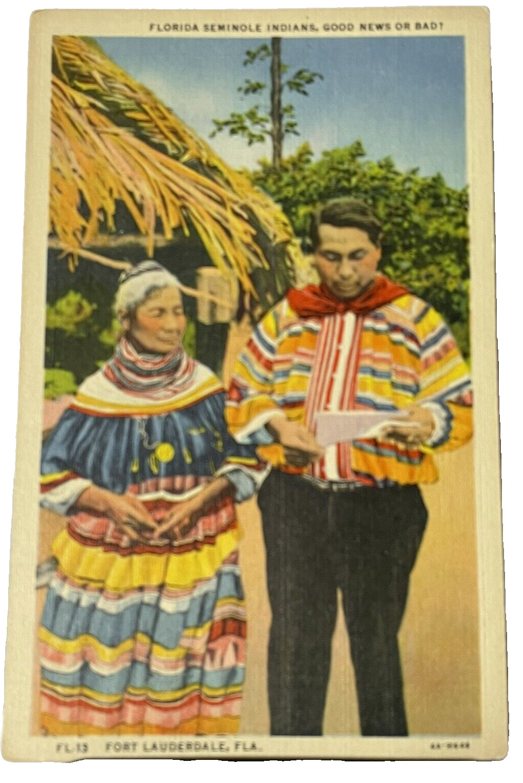 Florida Seminole Indians Good News Linen Postcard Curt Teich FL-13 Fort Lauderd