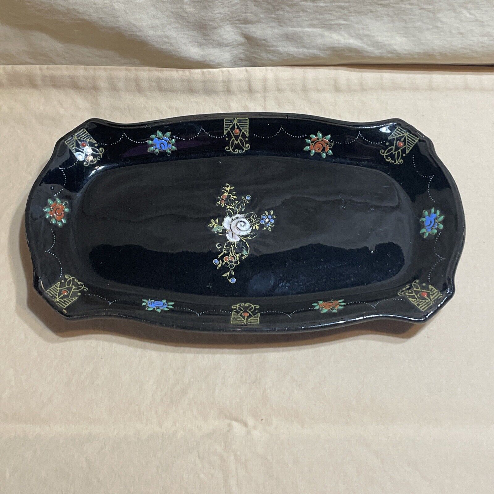 Vintage Japan Nippon Black Decor Plate Tray Ceramic Floral 