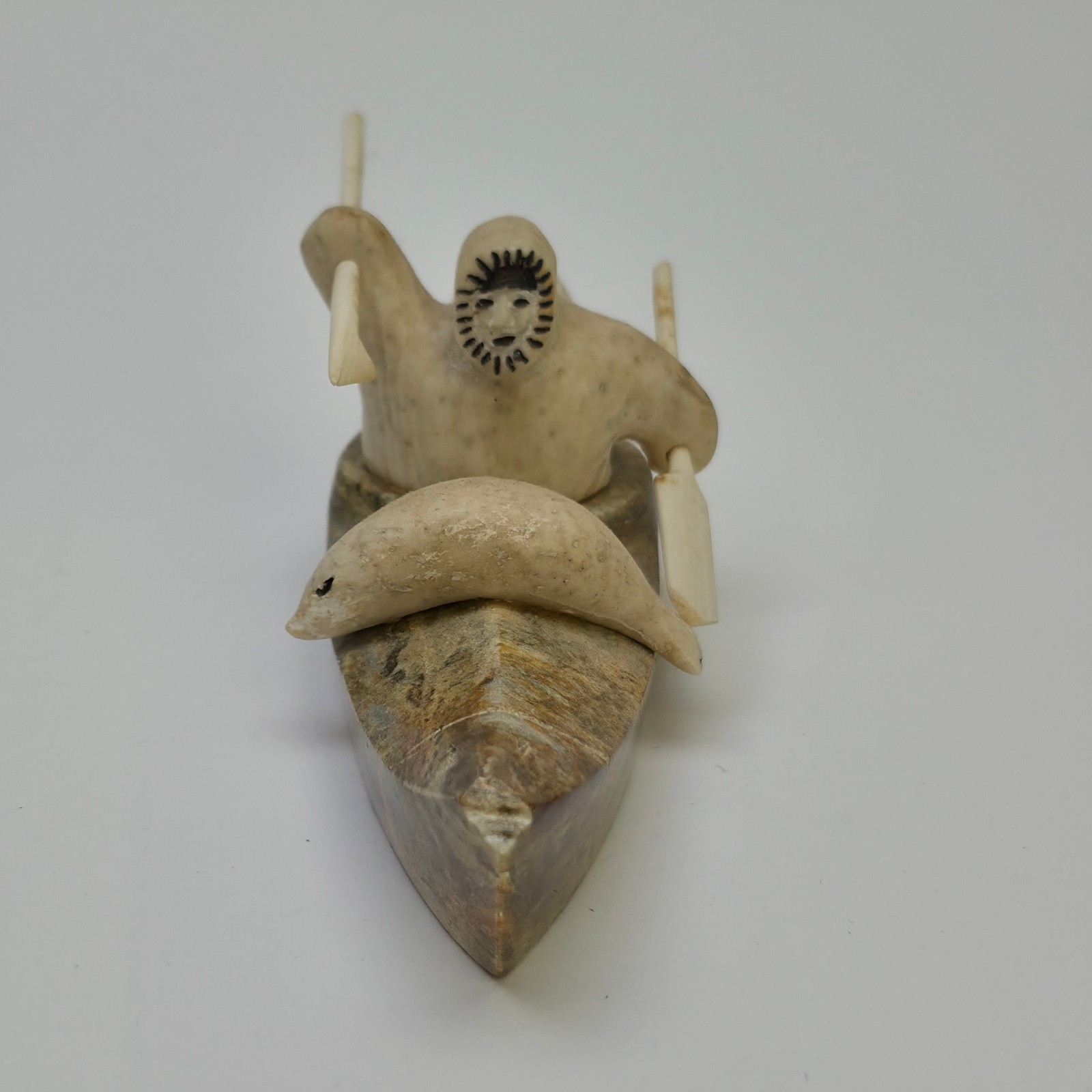 Vintage Alaska Native Carved Stone Bone Kayak Hunter Seal Signed J Ayek Ayak