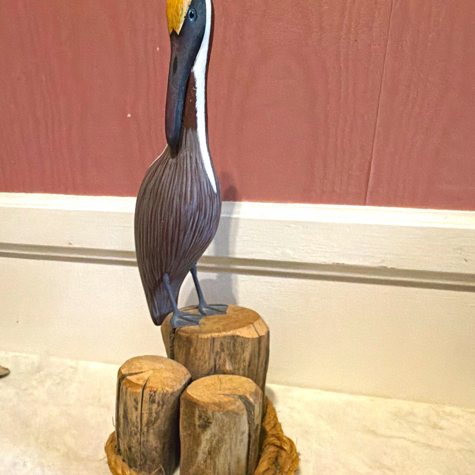 Wooden Pelican Bird Figurine on Rope-Wrapped Driftwood Base Signed '96'