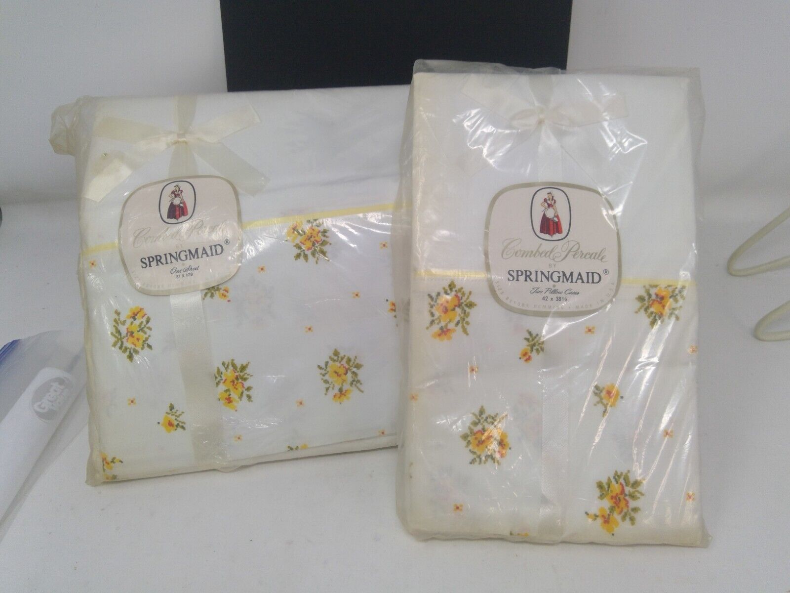 Vintage NOS Springmaid Combed Percale Yellow Flowers - Flat Sheet & Pillowcases