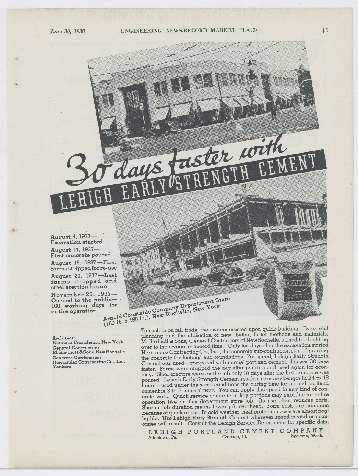 1938 Lehigh Cement Advertisement: Arnold Constable Store, New Rochelle, New York 1938 Lehigh Cement Advertisement: Arnold Constable Store, New Rochelle, New York
