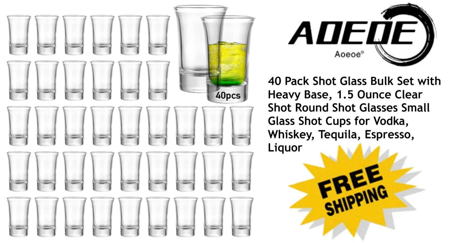 40 Pack Shot Glass Bulk Set with Heavy Base 1.5 Ounce Clear Round Shot Glasses