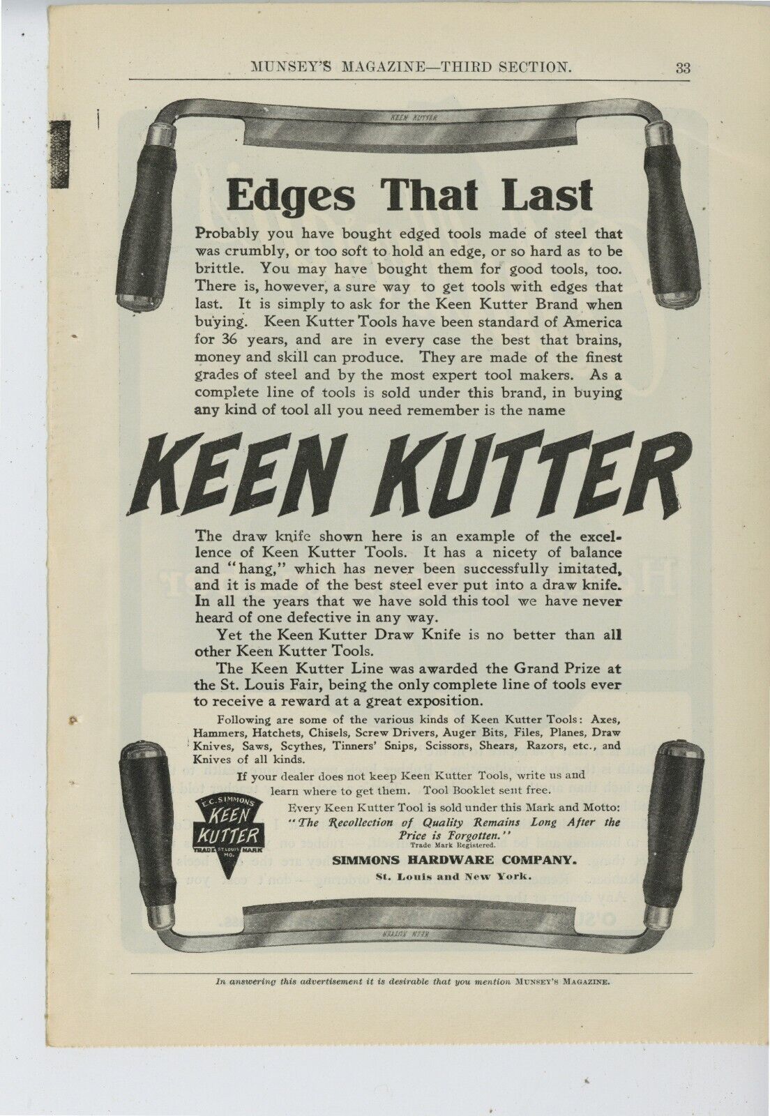 1906 Simmons Hardware Co. Ad: Keen Kutter Draw Knife Pictured - St. Louis, MO