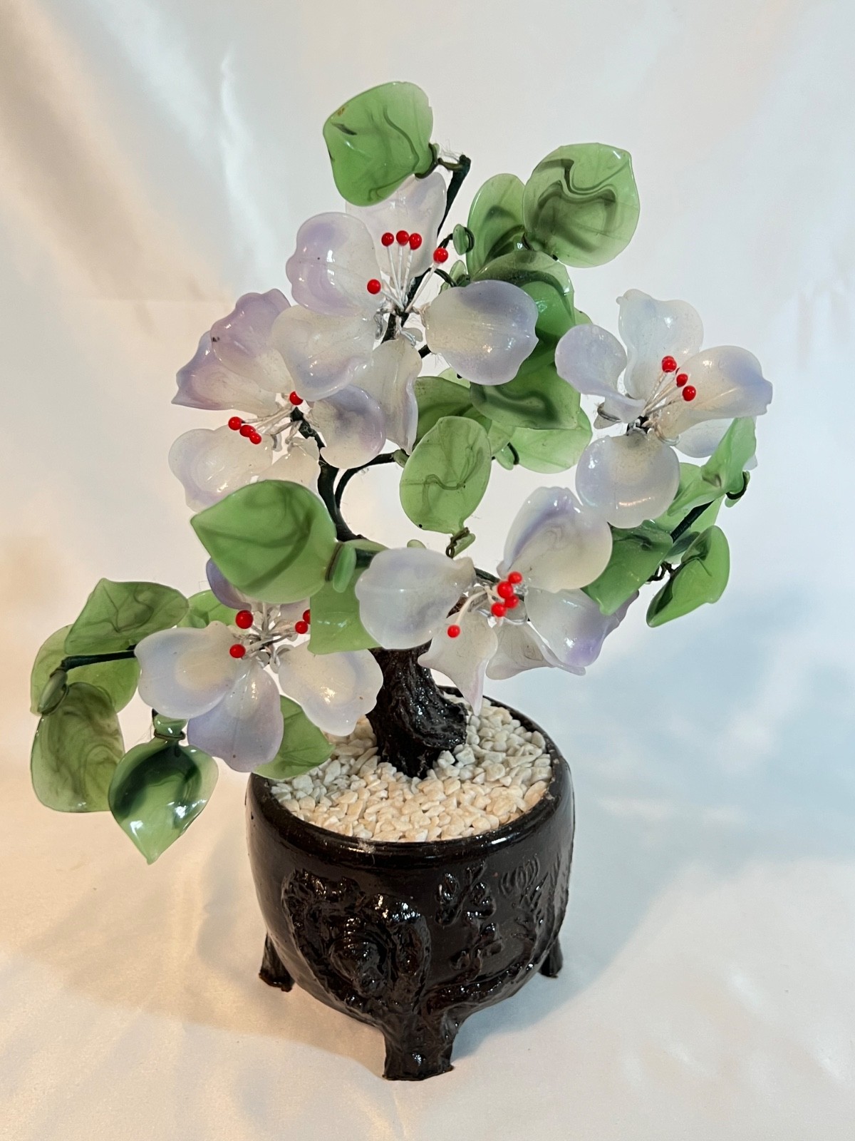 Vintage Chinese Jade Glass Bonsai Tree with Multicolor Flowers,  9\
