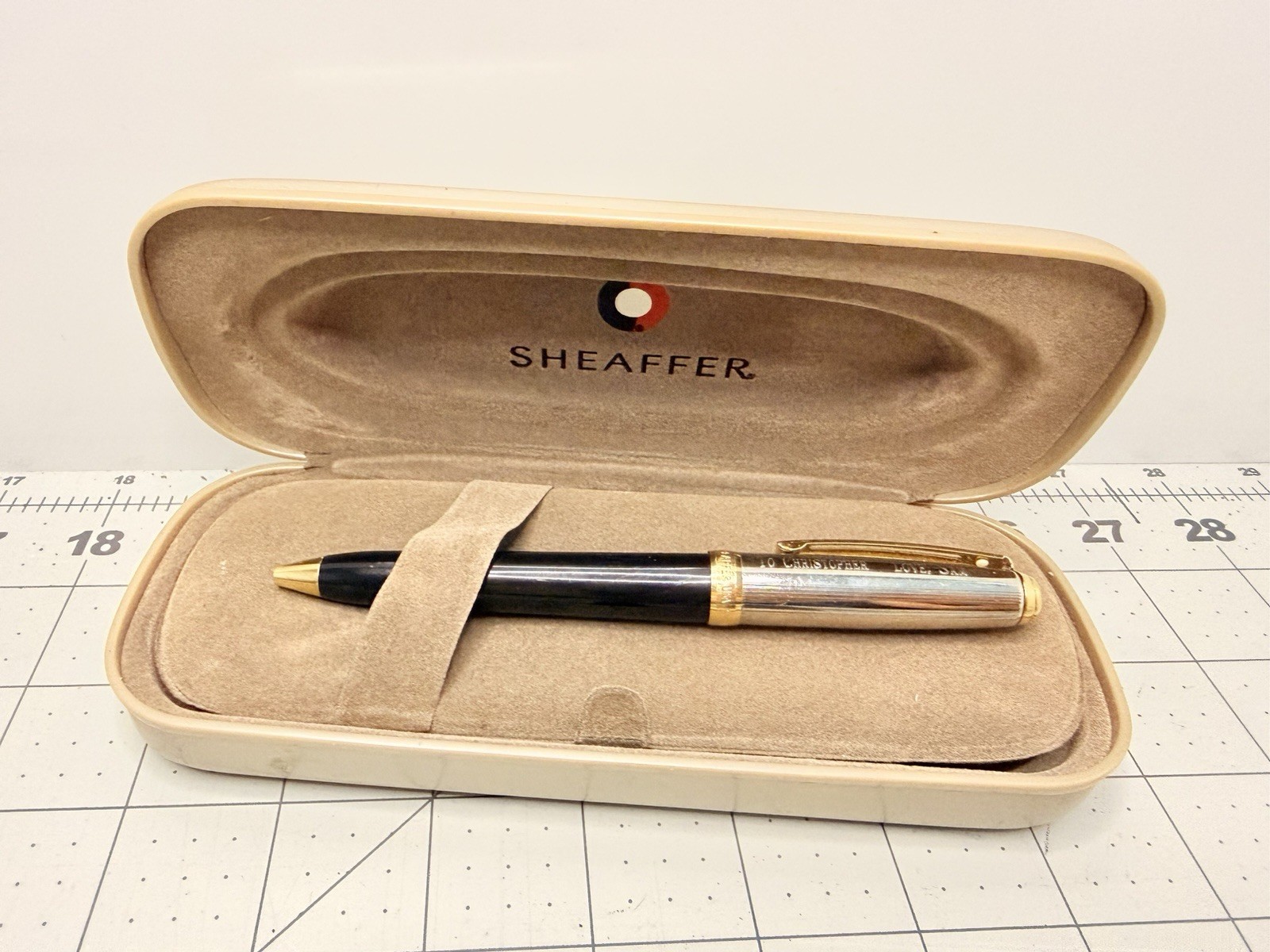 Vintage Sheaffer Ballpoint Pen Gold/Silver Cap w/ Case & Papers Engraved 