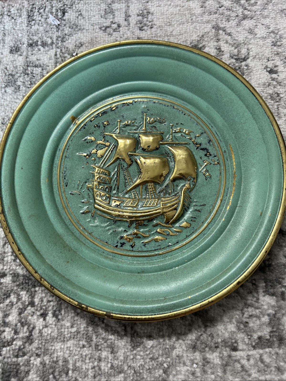 Vintage ELPEC England 12” Nautical Sailing Ship Wall Plaque Seafoam Green Gold