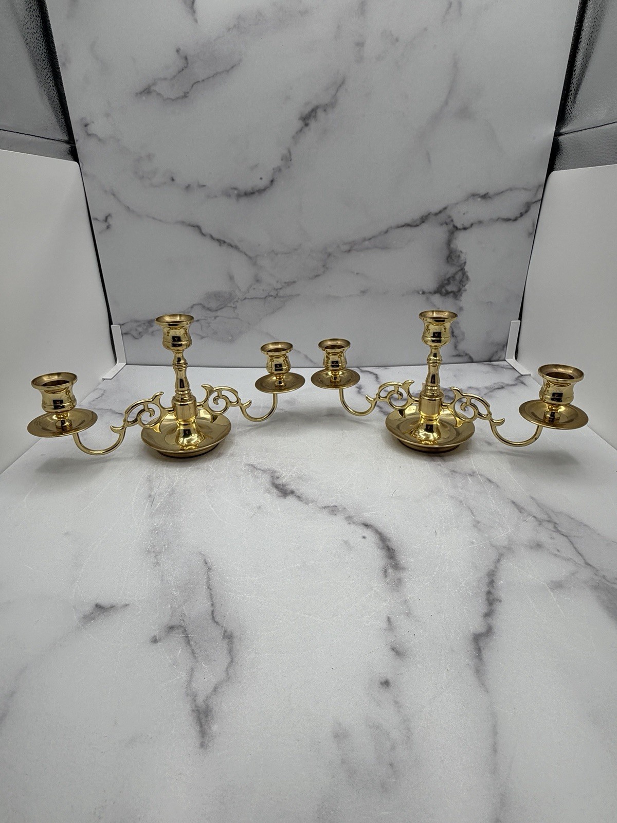 Baldwin Brass 3-Light Candelabra Pair Scrollwork Made in USA Baldwin Brass 3-Light Candelabra Pair Scrollwork Made in USA