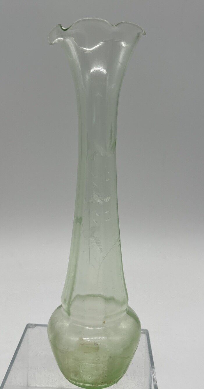 Vintage Green Uranium Vaseline Depression Glass Flower Etched Bud Vase 8” Tall