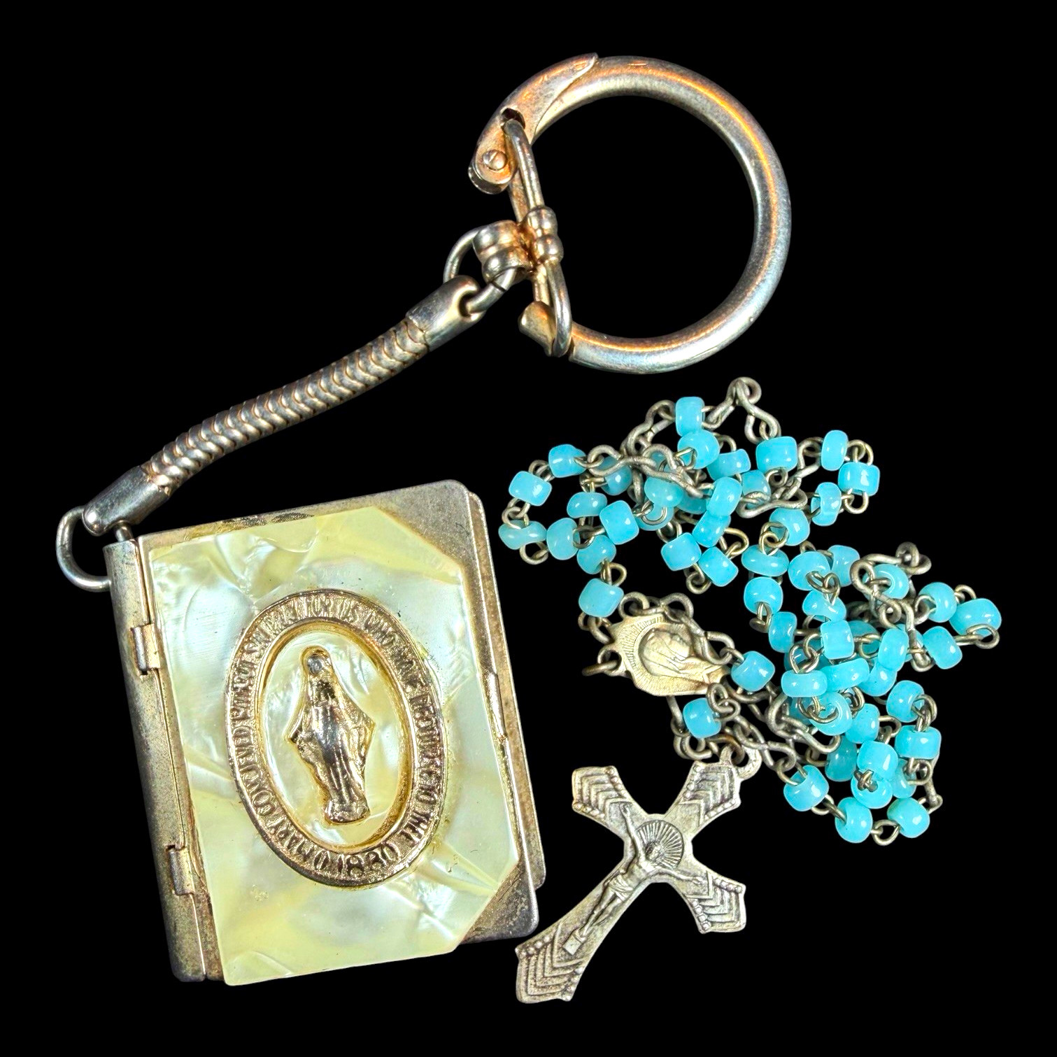 Vintage Mother of Pearl Prayer Book Germany Keychain + Blue Glass Italy Rosary