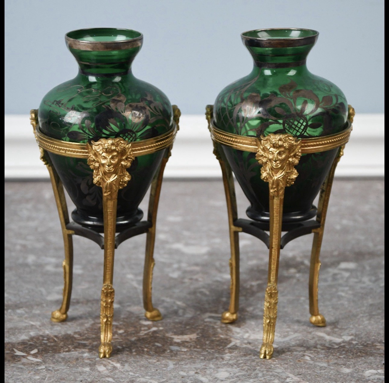 Pair of Antique Green Glass Vases with Silver OverlayDoré Gilt Lion Head Tripod Pair of Antique Green Glass Vases with Silver OverlayDoré Gilt Lion Head Tripod