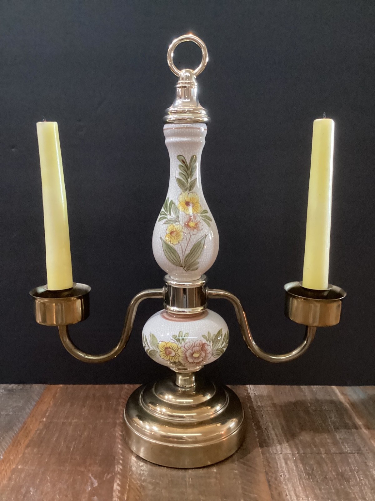 Vintage Two Arm Candelabra floral crackle Porcelain & Brass circa 1960s Vintage Two Arm Candelabra floral crackle Porcelain & Brass circa 1960s