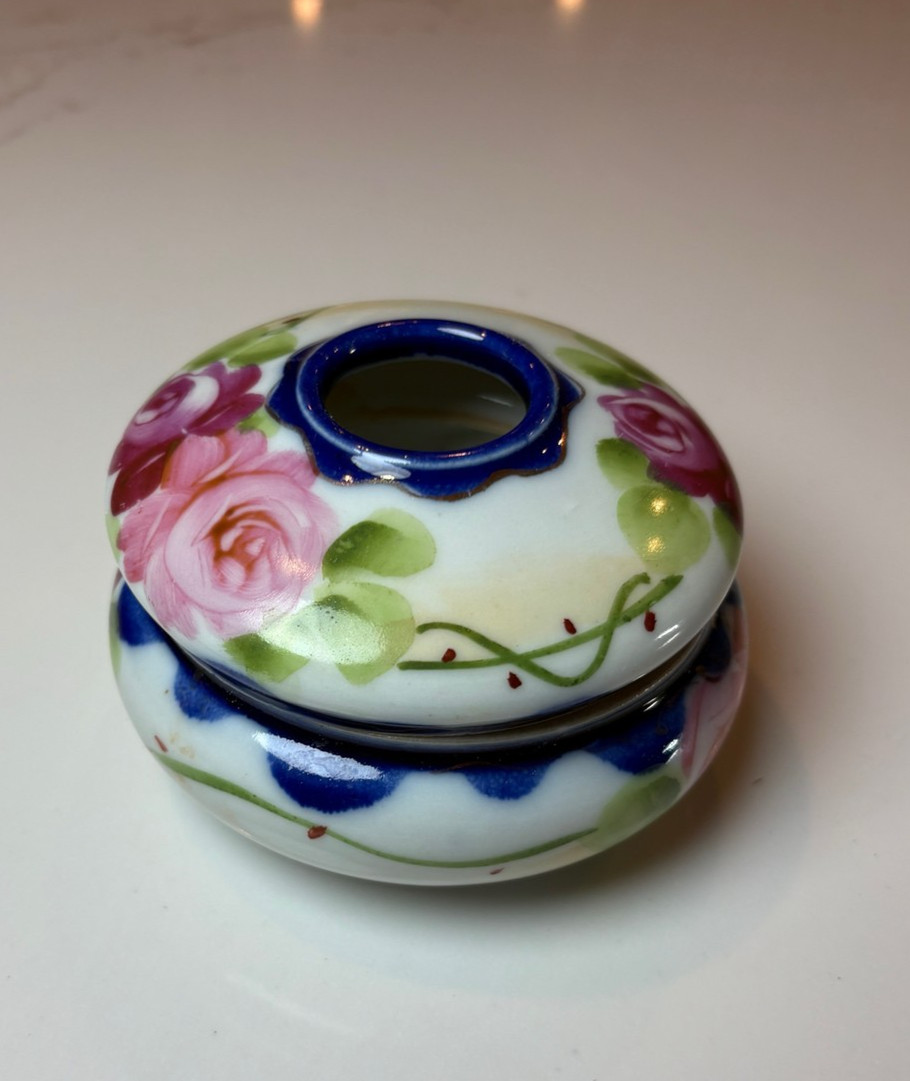 Nippon Porcelain Hair Receiver Hand Painted Roses Floral Cobalt Trim