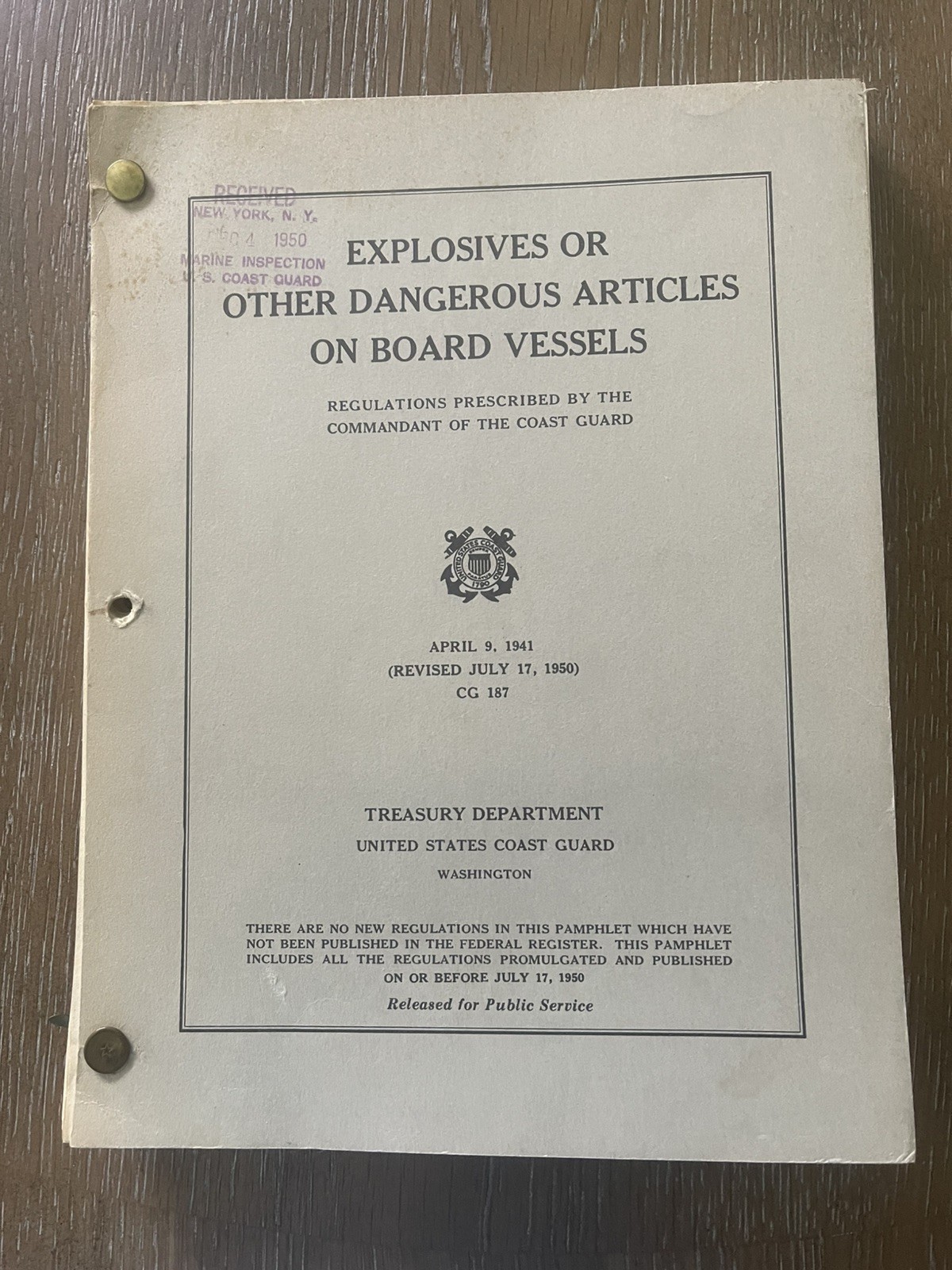 US Coast Guard - Explosives or Other Dangerous Articles on Board Vessels 1950