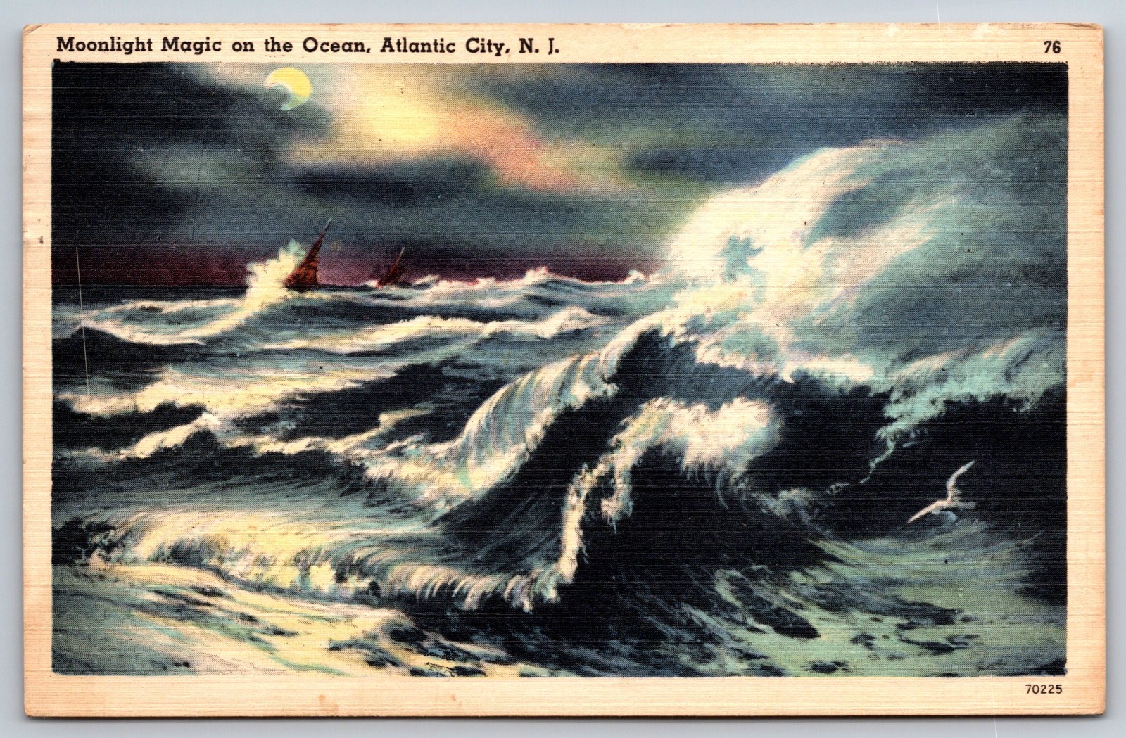 Moonlight On The Ocean Atlantic City New Jersey Vintage Postcard